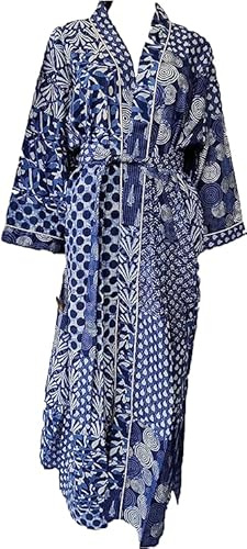 Indigo Print Cotton Beach Kimono - Handmade Cover Up Robe for Women - Long Lightweight Dressing Gown for Bridal, Bridesmaid, Vintage, Boho With Dragon Design