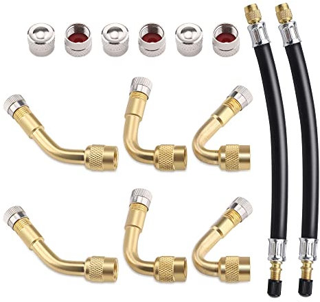 Richeer Reifen Ventil Verlängerung, Kupfer Ventiladapter 45 90 135 Grad Winkelventil mit 2 Stück 180mm Gummi Reifen Ventilverlängerung für Auto Motorrad Scooter Fahrrad