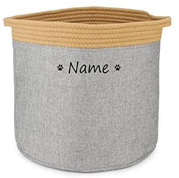 Cuperay Cesto Portaoggetti Rotondo con Nomi Personalizzati, Cesto Portagiochi Pieghevole per cani con Manici in Corda Intrecciata, per Conservare cibo, Vestiti e Accessori per cani(Giallo Grigio)