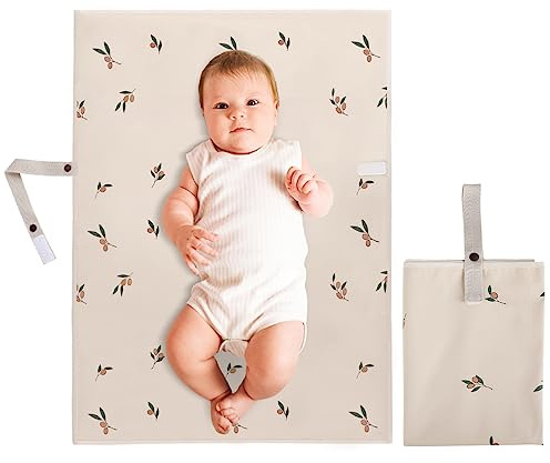 Vegan Leather Portable Changing Pad - Waterproof Compact Baby Changing Mat - Foldable Travel Diaper Changing Pad, Newborns Shower Gifts (Olive Branch with Strap, 20*28)