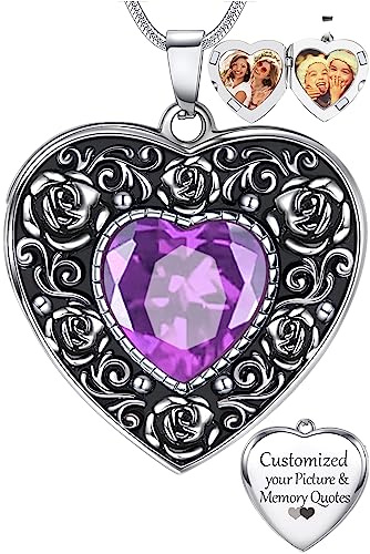 Fanery Sue Locket Necklace for Women, Silver Lockets Heart Locket Sunflower Rose Necklaces Custom Picture Pendant Jewerly Memorial Mothers Day Gifts for Mom Daughter(Rose Purple)
