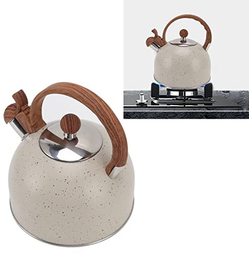 Mokernali Bollitore Fischietto, Bollitore con Fischio 2.5l, Bollitore per Acqua in Acciaio Inossidabile, 21.5×19cm, con Manico Antiscottatura, Bollitore Vintage per Bollire l'Acqua(Beige Bianco)