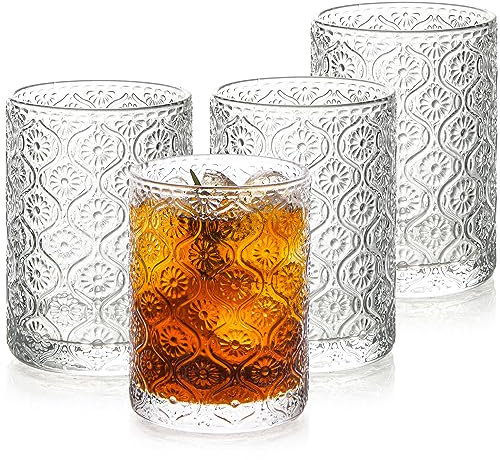 POLIDREAM Whisky Gläser Set 4er, 325ml Old Fashioned Tumbler Glas, Facetten-Schliff Kaffee Gläser Geprägte Trinkgläser für Cocktails Whisky Bier