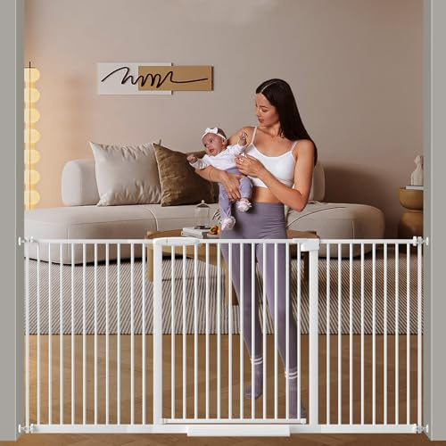 DEARBB Extra Wide Baby Gate Ultra Narrow Spacing 30.11-77.36 Pressure Mounted Double Lock Swing Auto Close Walk Through Metal Safety Pet Gate for Stairs and House Doorway Kitchen
