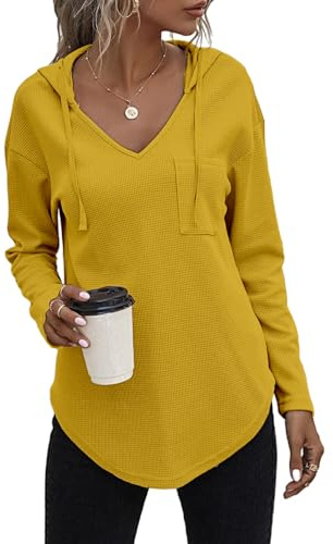 Cuptacc Damhuvtröja, långärmad V-ringad tröja, sweatshirt, huvtröja, enfärgad dragsko topp