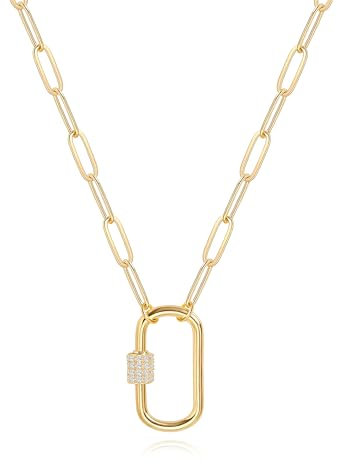 KOOUNUATA CANEVINKA 18K Gold Paperclip Kette Halskette Mode CZ Pave Oval Schraube Schloss Karabiner Verschluss Anhänger Halskette Geometrische Verbindung Kette Schichtung Schmuck für Frauen