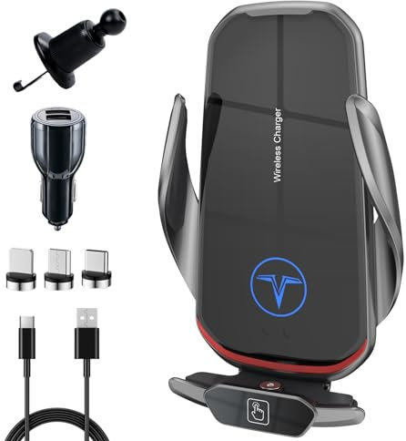 Olycism Cargador Inalámbrico Coche Soporte para Cargador de teléfono de Coche 15 W con 3 Puertos de Carga magnéticos Sensor Inteligente Soporte para teléfono para Coche Carga por inducción automática