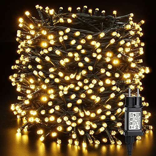 Luces Árbol de Navidad Exterior, PhilzOps 100M 1000 LED Guirnaldas Luminosas con Enchufe 8 Modos IP44 Impermeable Blanco Cálido Cadena de Luces Interior Luz Jardín para Boda Fiesta Balcón, Cable Verde