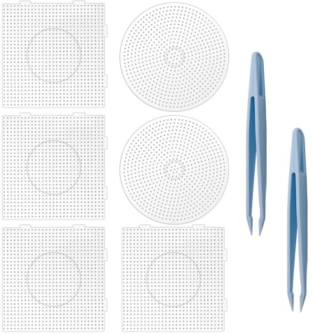 POPAPIE 4 Quadrat + 2 Rund Bügelperlen Schablone, 5mm Transparente Steckplatten Bausätze, Bügelperlen Steckplatte, Steckperlen Platte Set, 2 Blau Pinzette