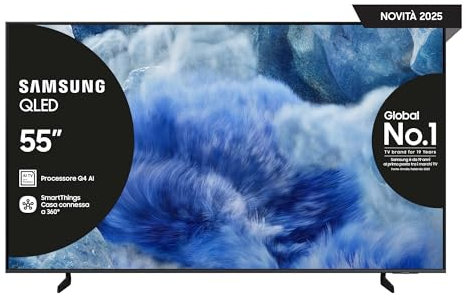 Samsung QLED 4K Vision AI Smart TV 55'' QE55Q8FAAUXZT, Q8F, Q4 AI Processor, 4K Upscaling, OTS Lite, Air Slim Design, 100% di Volume Colore con Quantum Dot, PACCHETTO INTRATTENIMENTO, 2025