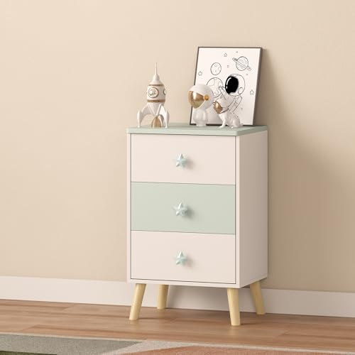 [en.casa] Kinderkommode mit 3 Schubladen Sandnes Schubladenschrank schmal 62 x 38 x 30 cm Kinderzimmer Nachtschrank Holzbeine Weiß/Mintgrün