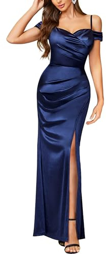 MIUSOL Women's Elegant Off-Shoulder High Split Satin Wedding Cocktail Party Ceremony Maxi Dress | Spaghetti Straps, Cold Shoulder Design, V-Neck Fitted Bodice, Ruched Split Hem, Wedding Guest, Ceremony Gown for Formal Event