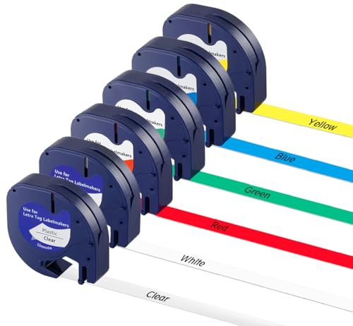 NOTEZMATE 6x Etikettenband Ersatz für Dyno Letra Etikettenband 12mm x 4m -Kompatibel mit Dymo Letratag LT100H/LT100T/QX50/2000 Etiketten Kunststoff Bänder -Ideal für Beschriftungsgerät Büro, Haushalt