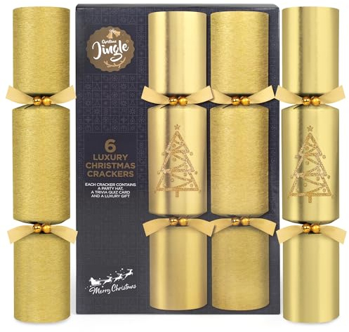 abeec Gold Luxury Christmas Crackers – 6 Large 14 Festive Crackers With Hats, Trivia Quiz Cards And Practical Gifts – Elegant Gold Finish For Family Christmas Table Celebrations