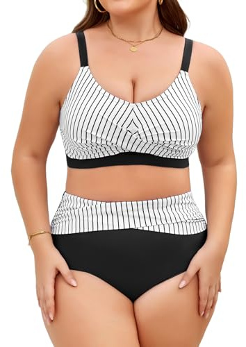 heekpek Costumi da Bagno Donna Taglie Forti Due Pezzi Vita Alta Push Up Bikini Mare Imbottito Costumi Mare da Donna Scollo a V Costume per Seno Grande, Righe Bianche e Nere, XL