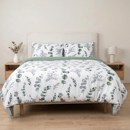 H HANSEL HOME Funda Nórdica Cama 150 – 4 Piezas – 100% Microfibra Suave y Transpirable – Funda Edredón 220x240 cm, Bajera 150x200+30 cm, 2 Fundas de Almohada 50x75 cm - Eucalipto