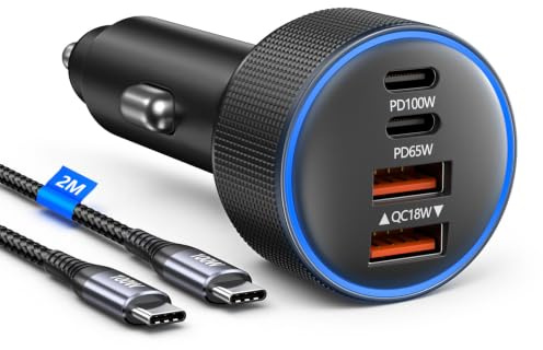 165W cigarettändare snabbladdning USB C, PD100W typ C billaddare, 4-portars bilströmförsörjning tillbehör för MacBook Pro/iPhone 16/15/Galaxy S25/S24/iPad och andra USB-enheter, inklusive 2 M 100W