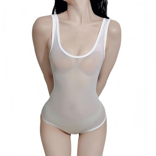 TouKingda Glossy Shiny See Through Bodysuit for Women Naughty Sleeveless | Mesh Body Suit U-Neck Wet Look One Piece Leotard Slim Fit High Cut Thong Jumpsuit Nightwear Party Club Cosplay Costume