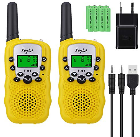 Sigdio T-388 Walkie Talkie Bambini con 8 Pezzi Batterie Ricaricabili e Caricabatterie Ricetrasmittente per Bambini Walkie Talkie Torcia VOX 8 Canali PMR446 Display LCD 4 Colori (Set di 2, Gialli)