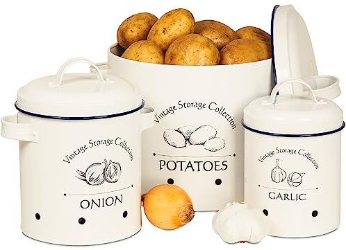 Gadgy Boite Pomme de Terre | Ensemble de 3 Boites Metal Vintage | Rangement et Decoration Cuisine | Range Oignon, Ail et Pommes de Terre | Bac de Conservation