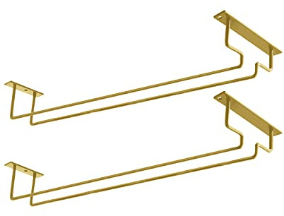 MATILODI 2 Pack 15.9-Inch Long Single Rail Metal Wine Glass Rack - Under Cabinet Stemware Storage Holder With Screws - Wire Hanger for RV Cabinet Kitchen Bar (Gold, 2)