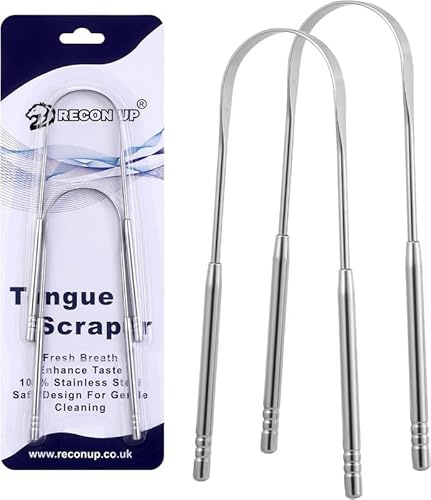 RECON UP Pack of 2 U Shape Tongue Scraper for Adults 100% Stainless Steel with Dental Floss, Tongue Cleaner Fresh Breath Care Scraper, Tounge Scraper Bacteria Inhibiting, Tongue Cleaning Tool