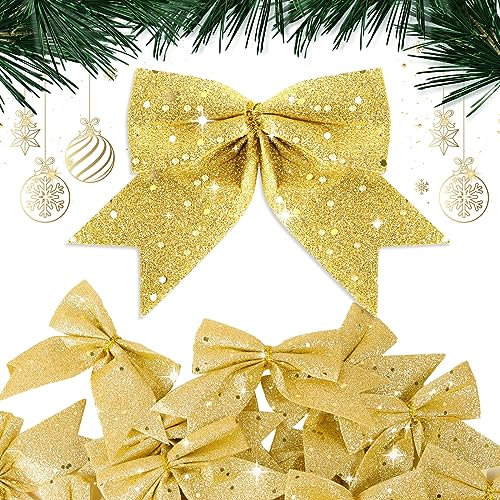 BHGT 24Pz Fiocchi Natalizi Glitterati Fiocchi Decorativi Nastro Fiocchetti Paillettes Decorazioni Natalizie Albero di Natale Ghirlanda Scatole Regalo Bomboniere Matrimonio Capodanno Fai da Te (Oro)