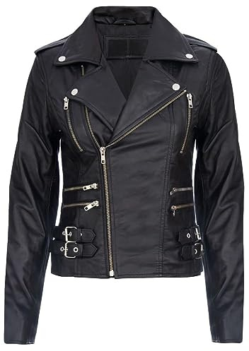 Women's Black Retro 100% Nappa Real Leather Biker Jacket Soft Multi Zip Coat