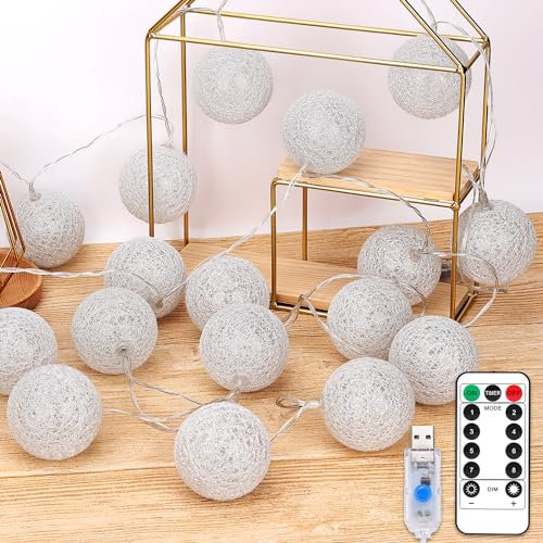 KWODE Cotton Ball Lichterkette mit Timer Fernbedienung, USB 8 Modi Kugel Lichterketten, Sliver Kugel Kette für Innen Zimmer Deko Home Weihnachten Hochzeit Party Ø6cm