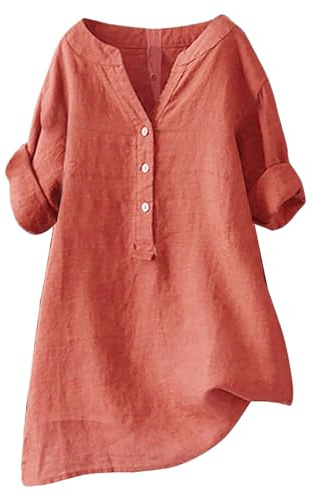Linneskjorta damer sommar – tröja damer v-ringning, långärmad blus linneblus stora storlekar skjorta blus klänning linne elegant lång blus oversize blus skjorta casual damblusar, apelsin, XXL