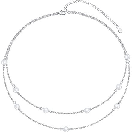 HOOHWE Perlenkette für Damen und Mädchen - 925 Sterling Silber Halskette mit Layering Option - Schmuck Geschenk