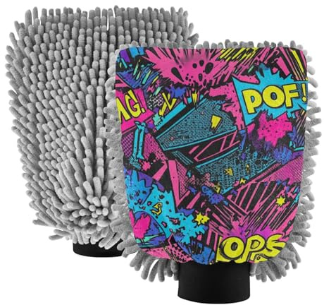 Doodle - Guantes de microfibra para lavado de coche con letras coloridas, sin arañazos, esponja para lavar el coche