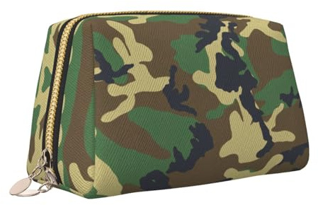 Bolsa de maquillaje portátil de piel con estampado de camuflaje militar verde con cremallera, organizador de viaje