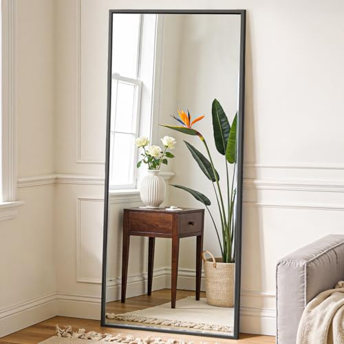 NEWBULIG Full Length Mirror 64.2x 21 for Bedroom, Full Body Mirror with Stand, Hanging or Leaning for Wall, Aluminum Alloy Thin Frame Floor Standing for Living Room, Long, Black