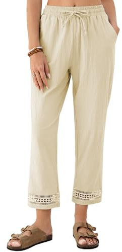 Famulily Ladies Wide Leg Trousers Comfy Cotton Linen Cropped Summer Boho Pants with Lace Hem (L,Beige)