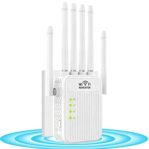 Amplificador Señal WiFi 5G /2.4G Repetidor WiFi Largo Alcance Doble Banda WiFi Extender con 6 Antenas de Alta Ganancia, Puerto LAN, Extensor de WiFi para casa y Oficina,Fácil de Instalar