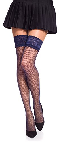 Romartex Bas autofixants en résille à petites mailles avec dentelle, M, bleu foncé