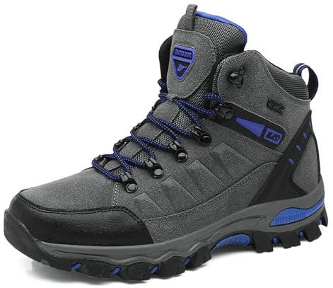 WOWEI Hiking Boots Lace-up Waterproof Non-Slip Outdoor Sports Men Women Mountain Trekking Shoes, Grey-1, 10 UK