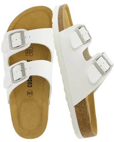 CUSHIONAIRE Lane Cork Footbed Womens Sandals Comfortable Double Buckle Slip On Sandals for Women with Arch Support and Classic Two Strap Design, WHITE 8.5