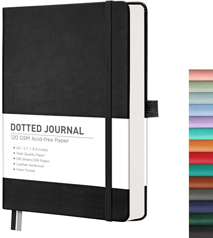 RETTACY Dotted Journal Notebook, 256 Pages, A5 Medium Size (5.7'' × 8.3''), Leather Hardcover, 120 GSM Thick Paper, for Journaling, Planning, Tracking (Black)
