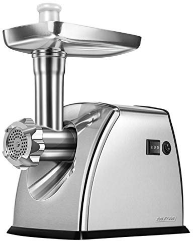 MPM MMM-07M Picadora de Carne eléctrica de Acero Inoxidable, con embutidora de Salchichas, 3 Discos de Corte, Engranaje metálico, función inversa, Accesorios, 1800 W