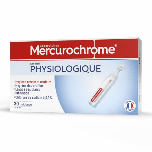MERCUROCHROME Sérum Physiologique - Hygiène Nasale, Oculaire - 30 unités | Marque N°1 des Premiers Soins, Nettoie les Plaies et les Oreilles , Solution Saline, Enfants & Aldutes, Fabriqué en France