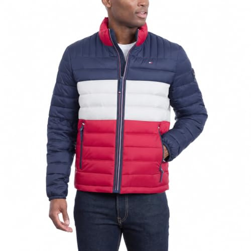 Tommy Hilfiger Abrigo alternativo para hombre Ultra Loft Packable Puffer Jacket Down, Medianoche/Blanco/Rojo con parche, X-Large Alto