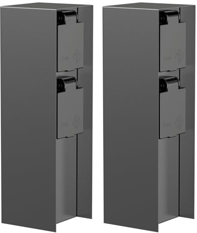 ledscom.de 2 Stück Garten Steckdosensäule POMI für außen, IP44, 2-Fach, Edelstahl, anthrazit, eckig, 23 cm