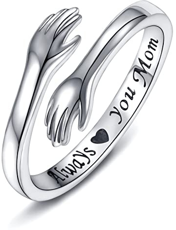 Anillos de plata de ley 925 para mujer, I Love You Forever Love You, regalo para madre, regalo para hermanas, palabras grabadas, abrazar las manos, anillo abierto, regalo de amistad, 925
