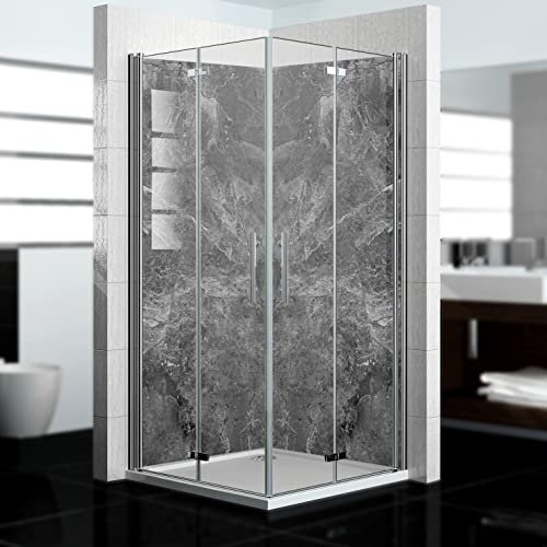 dedeco Paroi de douche d'angle imperméable - Motif marbre V11 - Vernis UV mat - 2 x 90 x 210 cm - Pour remplacement du carrelage, mur décoratif, revêtement mural et plateau de douche en aluminium -