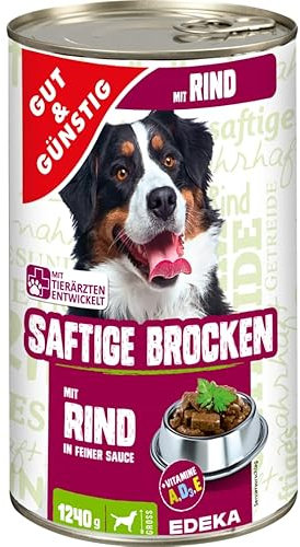 Gut & Günstig Saftige Brocken mit Rind 1240g Hundefutter Hunde Nassfutter in Dose | Alleinfuttermittel für ausgewachsene Hunde | Saftige Fleischstückchen schonend dampfgegart