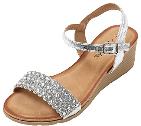 JOMIX Sandalias de Mujer Con Brillo y Cuña Para Verano - Cómodas Sandalias de Vestir Con Hebilla Para Playa, Mar y Piscina - Plateado, 36 EU