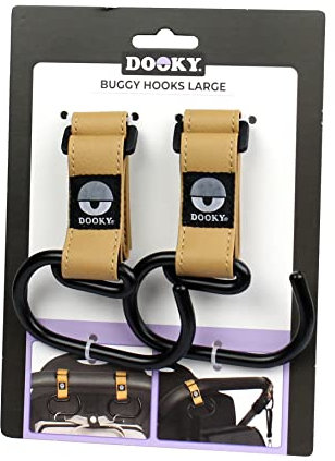 Dooky - Kinderwagen Haken Large, 2 Stück - Kinderwagenhaken Buggy für Taschen, Kinderwagen Clips Anhänger Taschenhaken - Aluminium - Braun - Universelle Passform