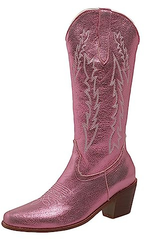 CRETUAO 11Botas Vaqueras para Mujer,Botas Vaqueras Media Pantorrilla con tacón Bloque Bordado Retro,Botas Altas hasta la Rodilla Pantorrilla Ancha Rosa Brillante con Punta Puntiaguda,Rosado,39 EU